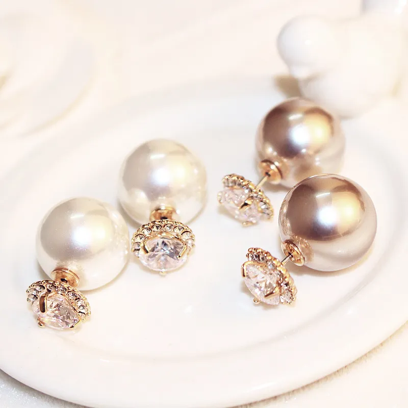 Nouvelles boucles d'oreilles en perles pop bicolores de mode exquise coréenne portent des boucles d'oreilles en perles de champagne haut de gamme double face super flash zircon e243S