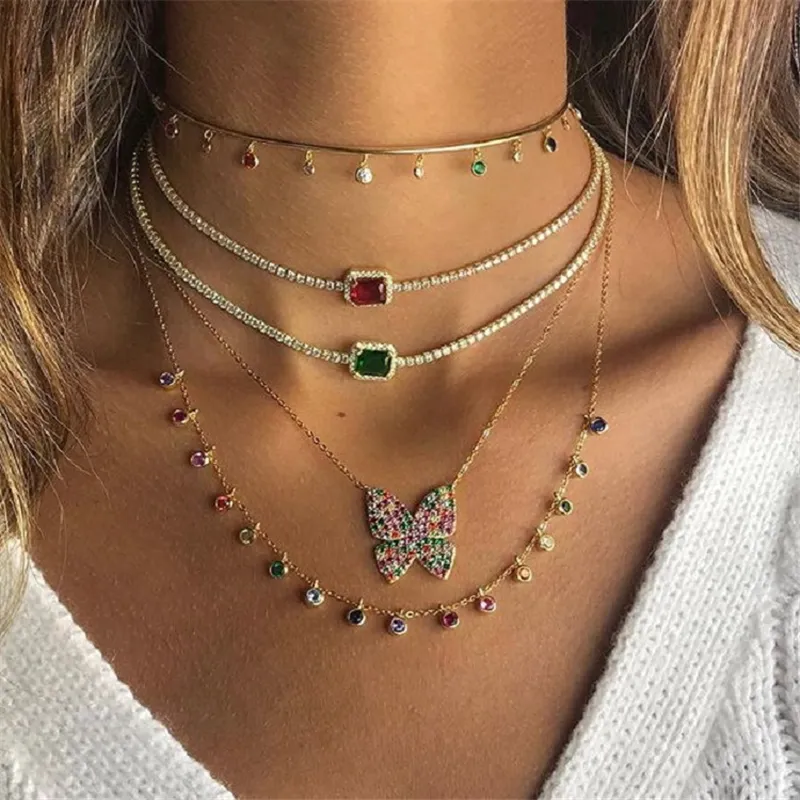 Iced Out Tennis Chains Choker Necklaces Luxury Gold Silver Fashion Pink Yellow Bling Rhinestone Collar Necklace Party Jewelry Gift6600713