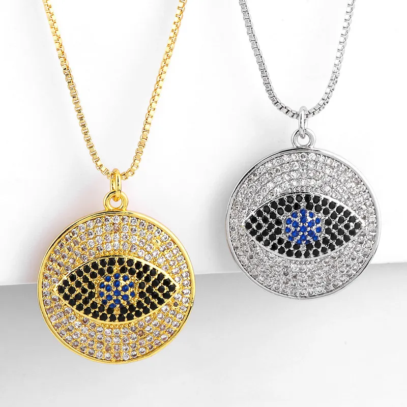 Blue Evil Eye Halsband Designer Round Iced Out Pendant Jewelry Crystal Diamond Silver Gold Plated Zircon Choker Necklace Women Bir307q