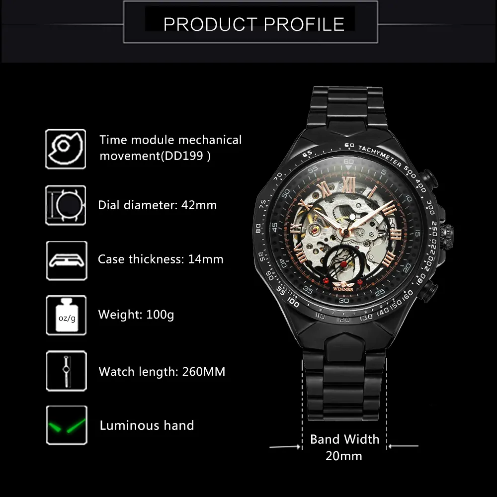 Gagnant officiel décontracté hommes montres haut automatique mécanique montre hommes squelette cadran acier bande Hip Hop montre-bracelet 335i