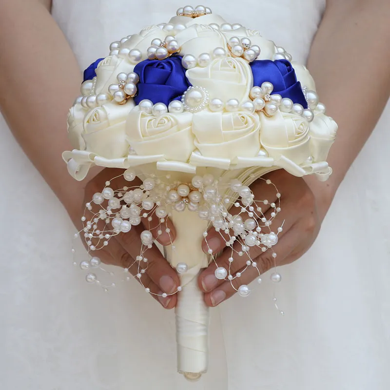 Handgjorda elfenben RoyalBlue Bridal pärlor Diamond Wedding Bouquets Artificial Bridesmaid Holding Flowers Wedding Accessories W234B282Y