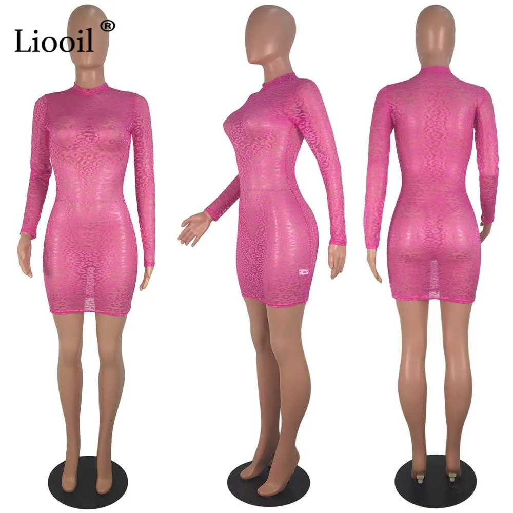 Liooil sexig svart spets ren mini bodycon klänning sexig klubbkläder 2019 lång ärm se genom snäva klänningar kvinna fest natt y202921096