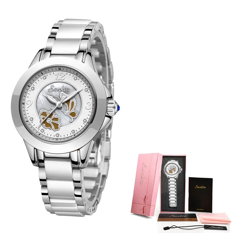 SUNKTA Kristall Uhr Frauen Wasserdicht Rose Gold Stahlband Damen Armbanduhren Top Marke Armband Uhr Relogio Feminin246d