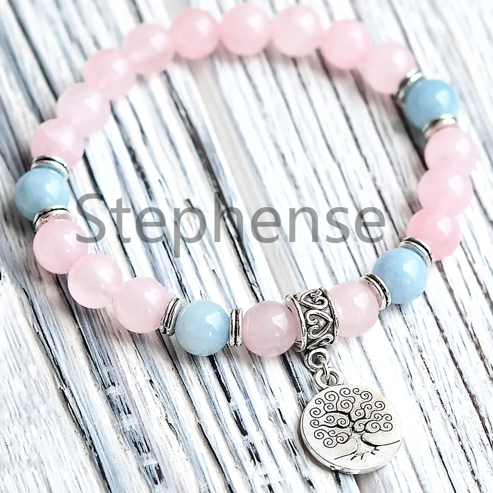 MG0640 Pulseira feminina de quartzo rosa de grau Aquamarine Energia Pulseira Árvore da Vida Charme Yoga Mala Bracelet323B