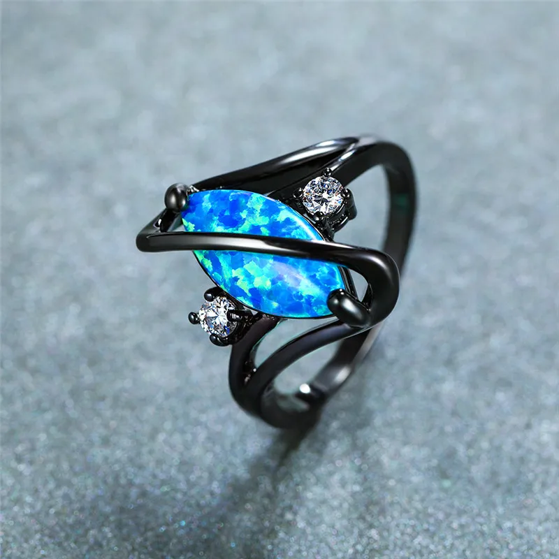 Stile unico Female Blue Opal Stone Ring Anelli matrimoni in oro nero vintage donne promettono amore fidanzamento anello278p