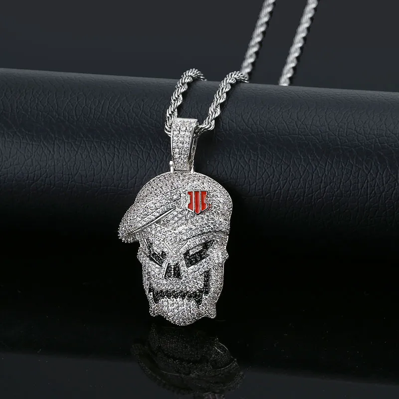 Hip Hop bijoux Micro pavé noir Ops squelette crâne pendentif colliers argent cubique Zircon glacé Zircon bijoux mâle cadeau 307k