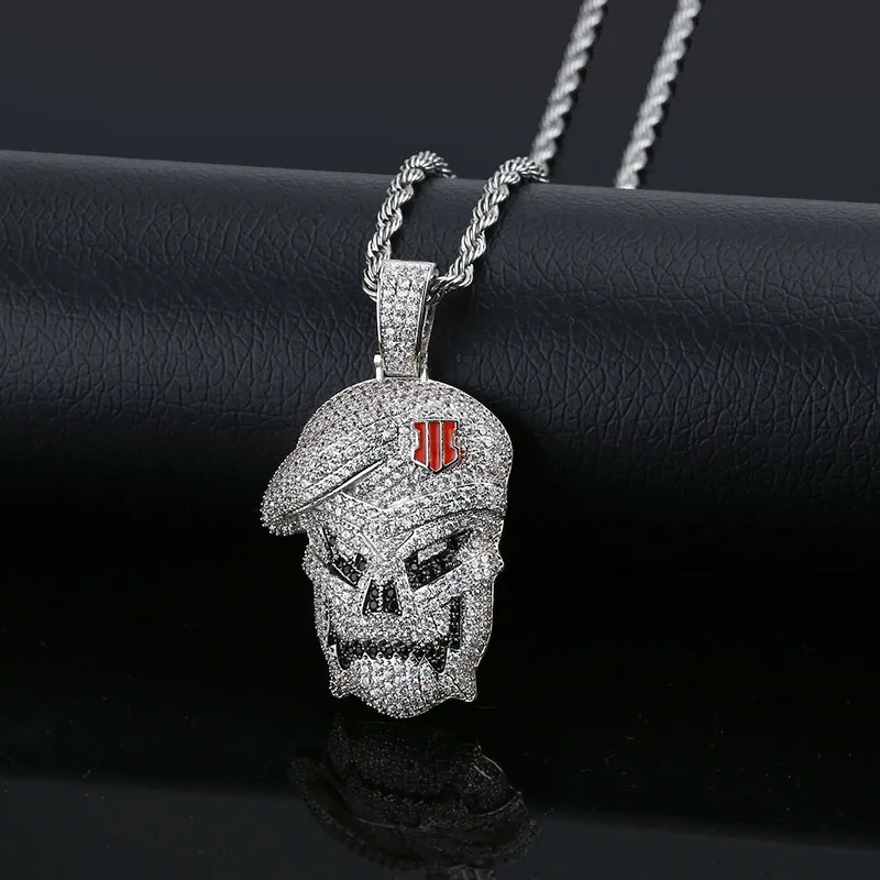 Hip hop jóias micro pave preto ops esqueleto crânio pingente colares prata zircão cúbico gelado para fora zircão jóias masculino gift307k