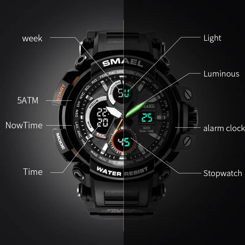 SMAEL montre de Sport pour hommes nouveau double affichage de l'heure horloge mâle étanche résistant aux chocs montre-bracelet numérique 1708 montre militaire Men288p