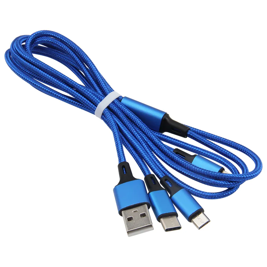 Höghastighets USB-laddarekabel 3 i 1 mikrotyp C 1.2M Flätad USB-laddning Telefonkablar Adapter för Samsung Huawei Xiaomi LG Smartphones