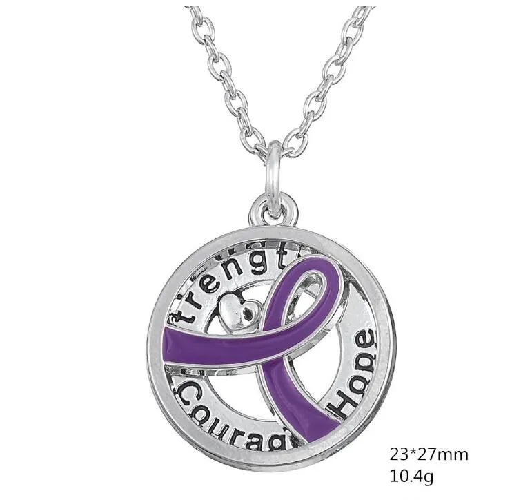GX055 Cancer Awareness Purper Ribbon Silver Plated Strength Hope Courage love letters hollow round Pendant Necklace For Gift258U