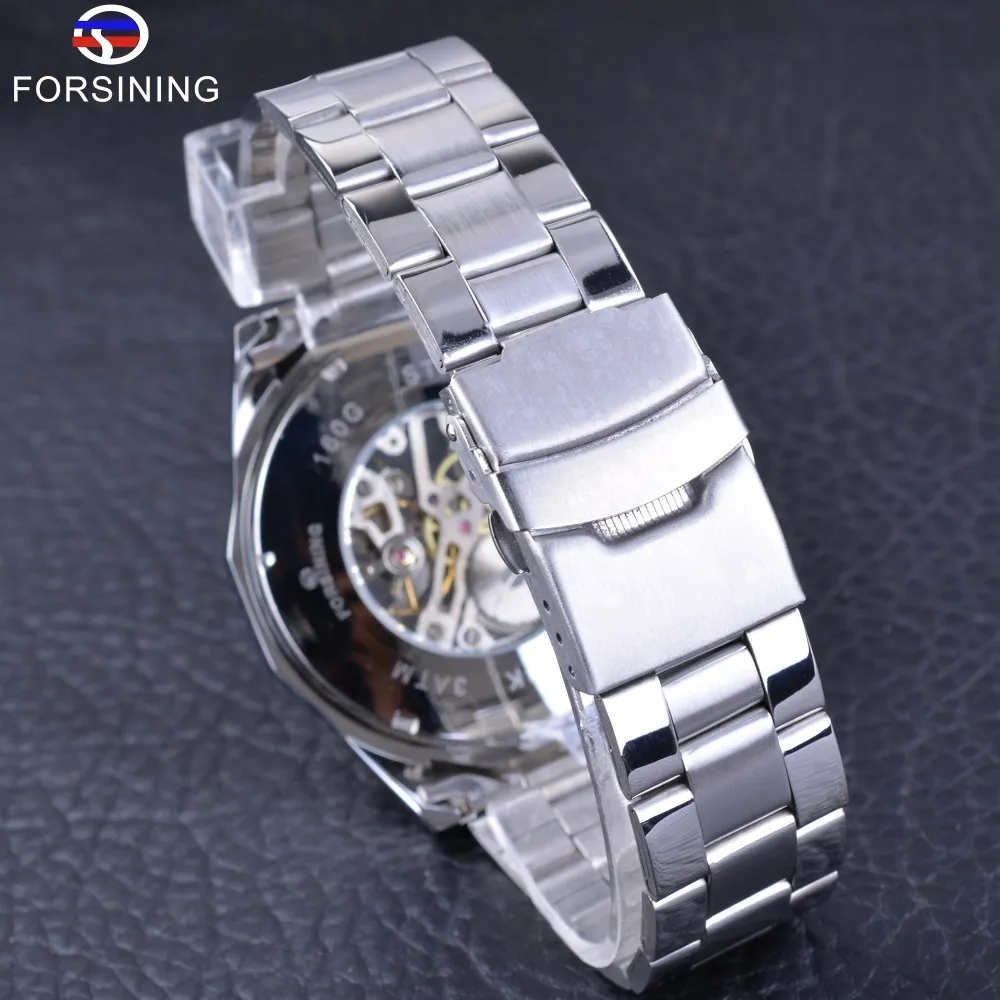 Zrezygnowanie z srebrnej stali nierdzewnej Wodoodporne zegarki męskie szkieletowe zegarki Top Marka luksusowy przezroczysty mechaniczny mechaniczny zegarek na nadgarstek Y1264L