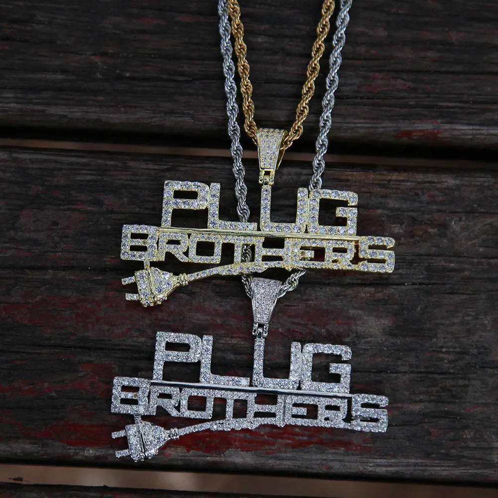 14k Gold Plated Custom New Design Fullt Iced Out Combine Letters Says Plug Brothers Hiphop Pendant Necklace215h