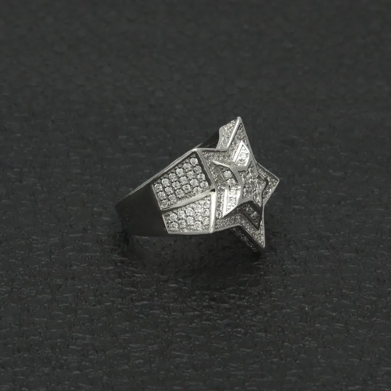 Hip Hop hommes bague en or bijoux de haute qualité étoile à cinq branches cubique Zircon argent anneaux pour hommes