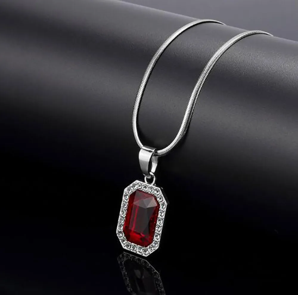 Red Lab Ruby Rechteckiger GEM-Anhänger Bling Simulierte Diamanten Rubinschmuck 18 Karat Gelbgold plattierte Halskette Schlangenknochenkette236W