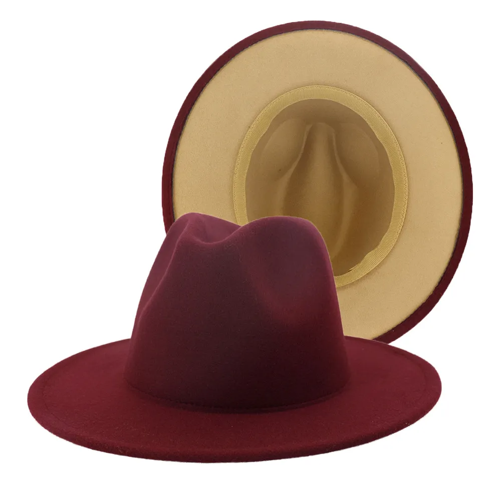 Tan Burgundy Patchwork Faux Wool Felt Jazz Fedora Hats with Felt Band Women Men Flat Brim Panama Trilby Cap Party Hat265N