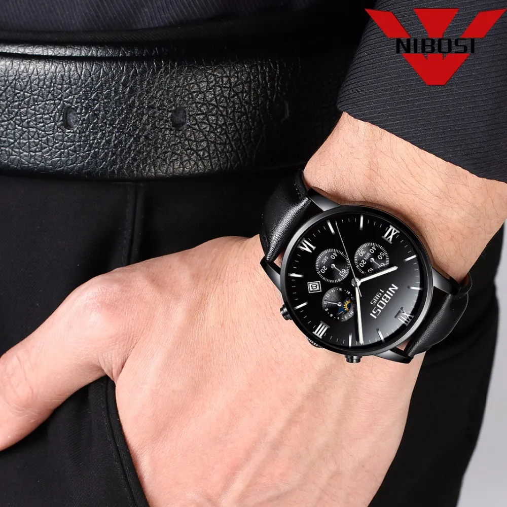 Nibosi relógios masculinos de luxo moda casual vestido relógio militar do exército relógios de pulso de quartzo com relógio de couro genuíno stra242f