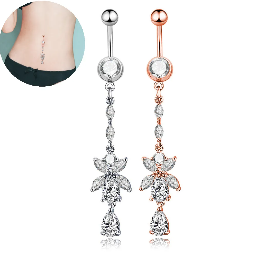 Sexy Wasit Belly Dance Drop Cristal Corps Bijoux En Acier Inoxydable Strass Nombril Cloche Bouton Piercing Fleur Long Dangle Anneaux pour Femmes