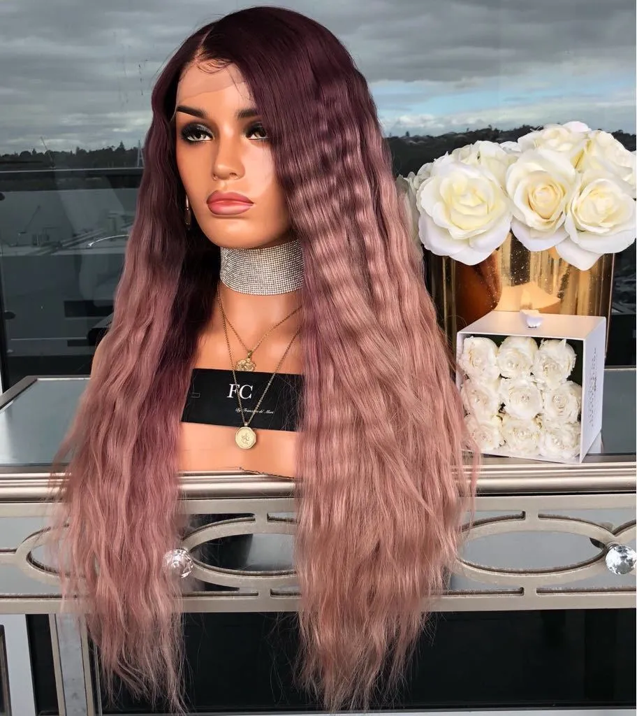 Long Curly Synthetic Wigs Romance Weave Deep Wave Dark Pink Wig