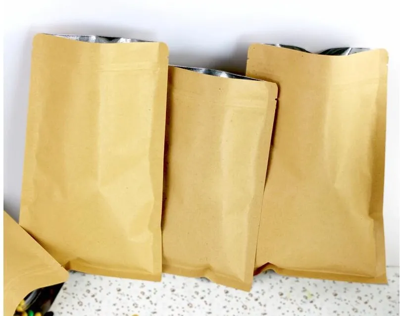 Small Kraft Paper Bag Inner Aluminum Foil Pouch Reusable Flat Packaging Zipper Bag268Z