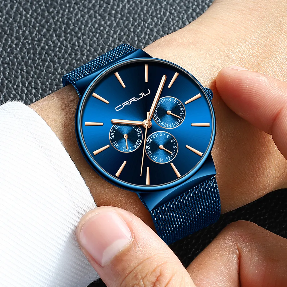 reloj hombre crrju men blue zegarki chronograf ultra cienkie datę moda na nadgarstka zegarek dla mężczyzn męski pasek siatkowy swobodny kwarc Clock193w
