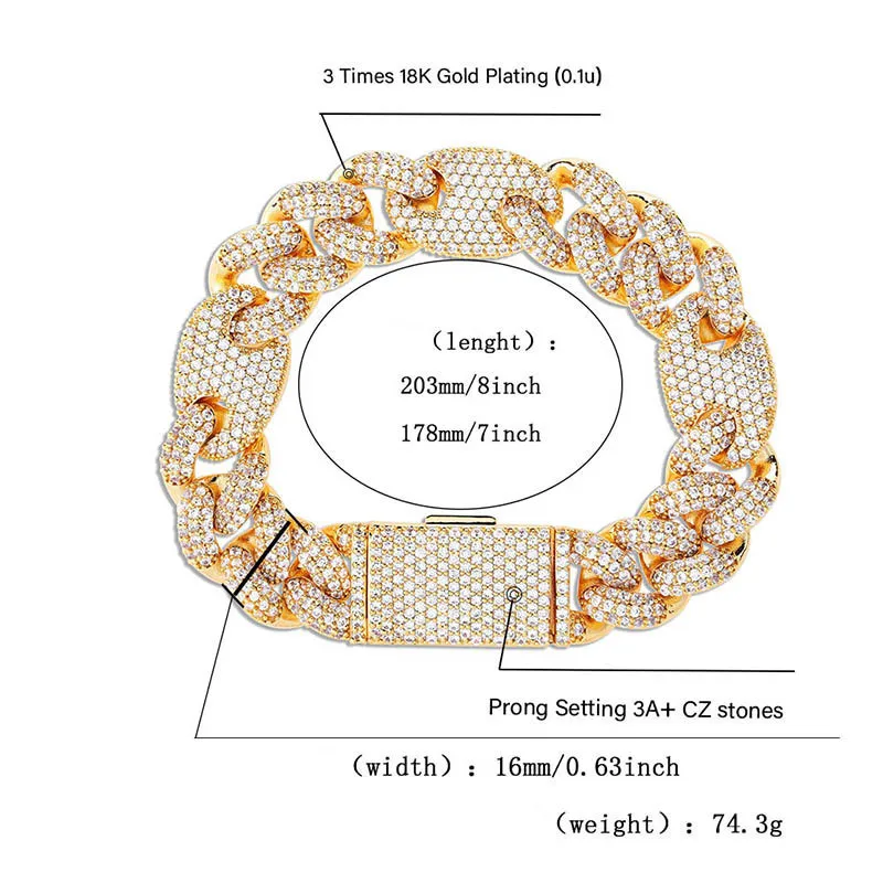 Chaîne à maillons cubains en diamant pour hommes, bijoux plaqués or, bracelets hip hop en zircon, braclet297e