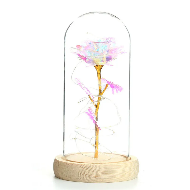 LED Galaxy Rose Flower Valentine's Day Gift Romantic Crystal Rose High Boron Glass Wood Base för flickvän Fru Party Decor299p