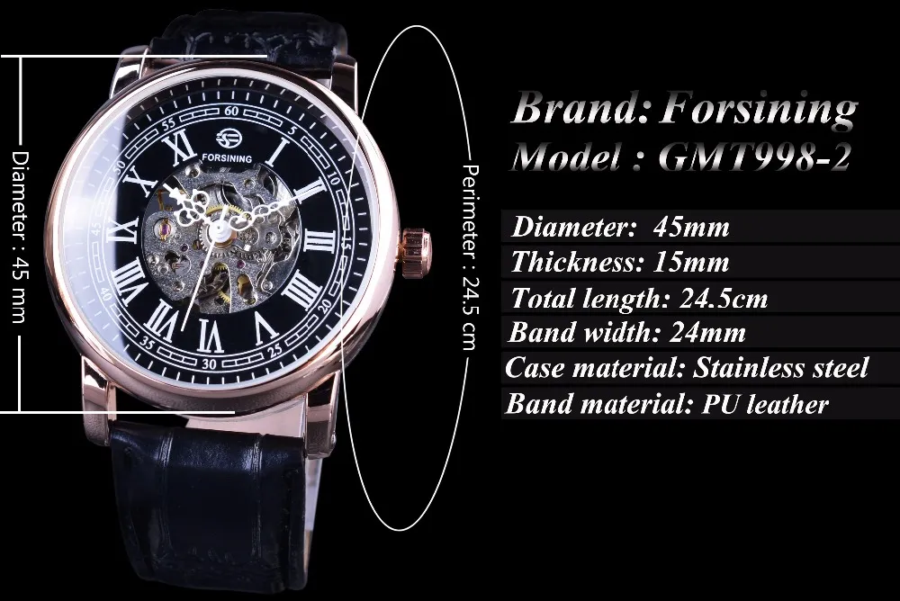 Часы серии Forsining Retro, римский скелетон, черный циферблат, механические часы, розово-золотой корпус, мужские автоматические часы, лучший бренд Lu284I