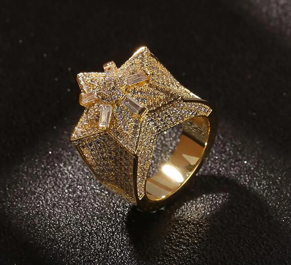 14K Gold CZ Super Star Kształt Połącz Klaster Klastra sześcienna cyrkonia mikro mikro Pave Symulowany pierścień diamentów z pudełkiem prezentowym217n