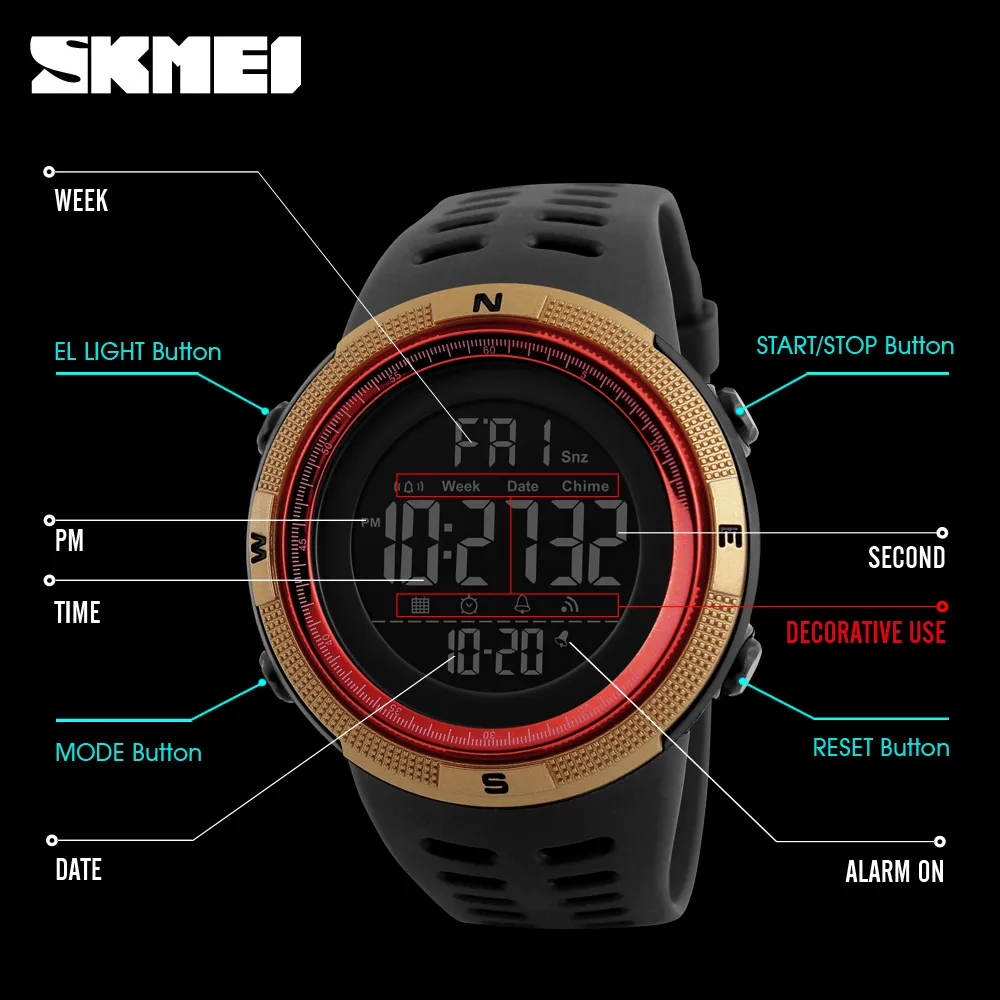 SKMEI 1251 MENS 스포츠 시계 다이브 50m 디지털 LED 시계 남성 전자 제품 캐주얼 손목 시계 2018202b