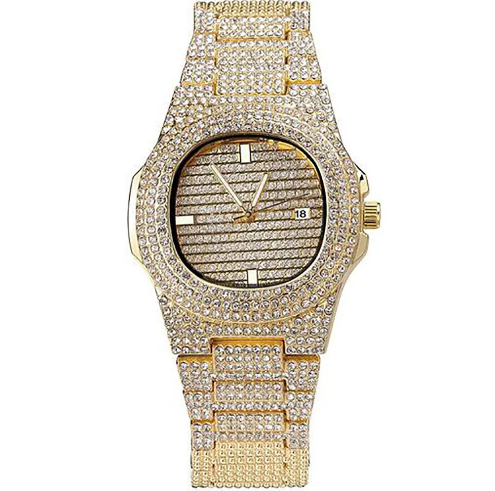 Reloj dorado totalmente personalizado con hielo Bling Bling 600 diamantes simulados Circón cúbico Calendario de piedra Cuarzo Staness Correa de acero Hip Hop263A