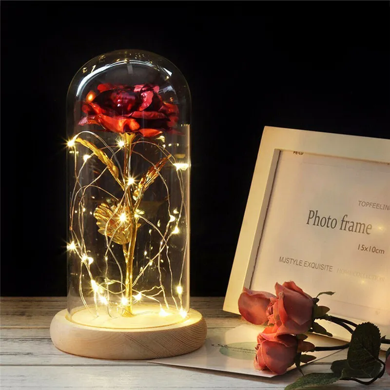 LED Galaxy Rose Flower Walentynki Prezent Romantyczna kryształ róża szklana borowa baza drewniana dla dziewczyny żona impreza 249L