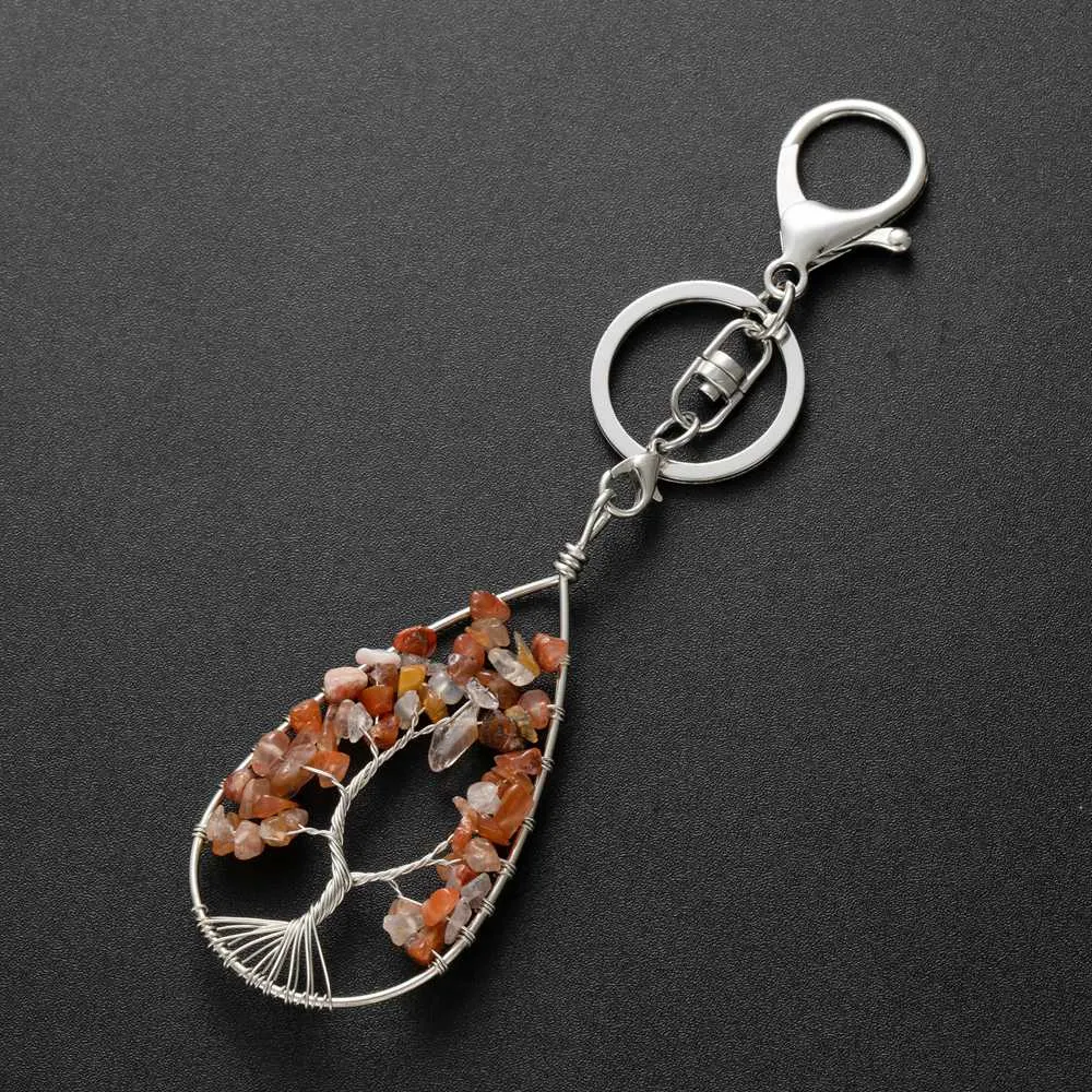 Handmade Wire Wrapped Chip Stone Life of Tree Pendant Keychain 7 Chakras Healing Crystals Key Ring Chain for Women Car Door