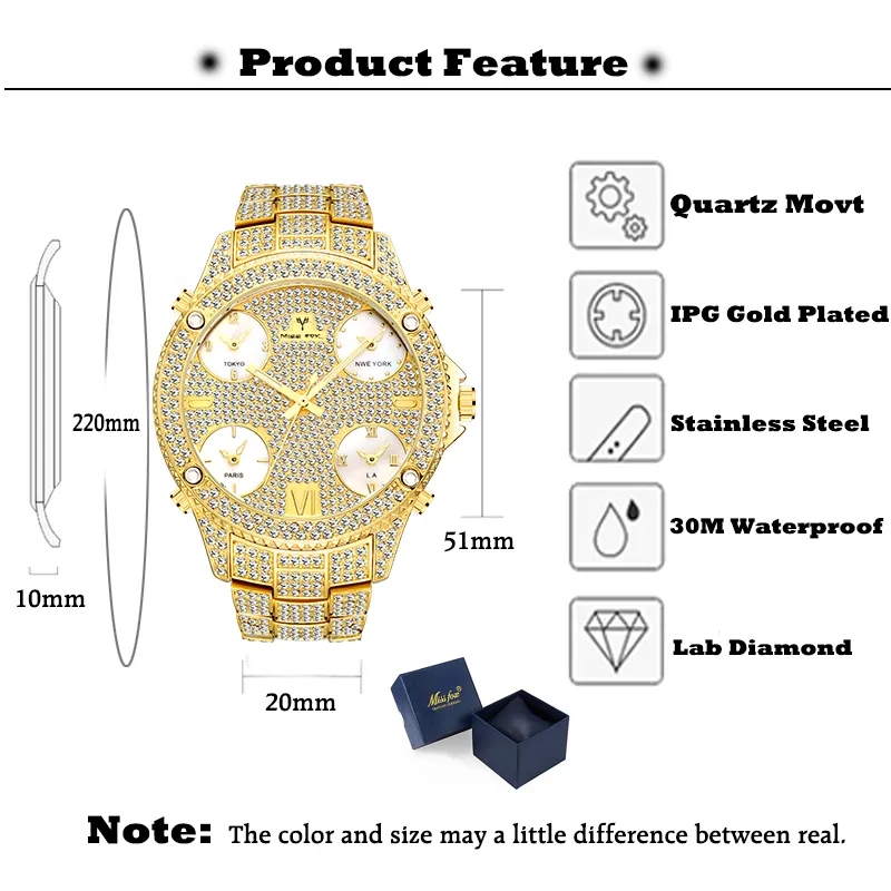 Armbanduhren Relogio Masculino Missfox 51 mm übergroßes Zifferblatt 18 Karat Golduhr Herren wasserdicht mit Edelstahlverbindung 5 Zeitzone Bra258t