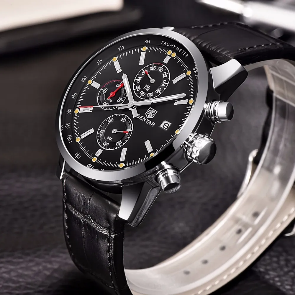 Benyar hommes montre haut de gamme de luxe mâle en cuir Quartz chronographe militaire étanche montre-bracelet hommes Sport horloge Relojes Hombre Y216N