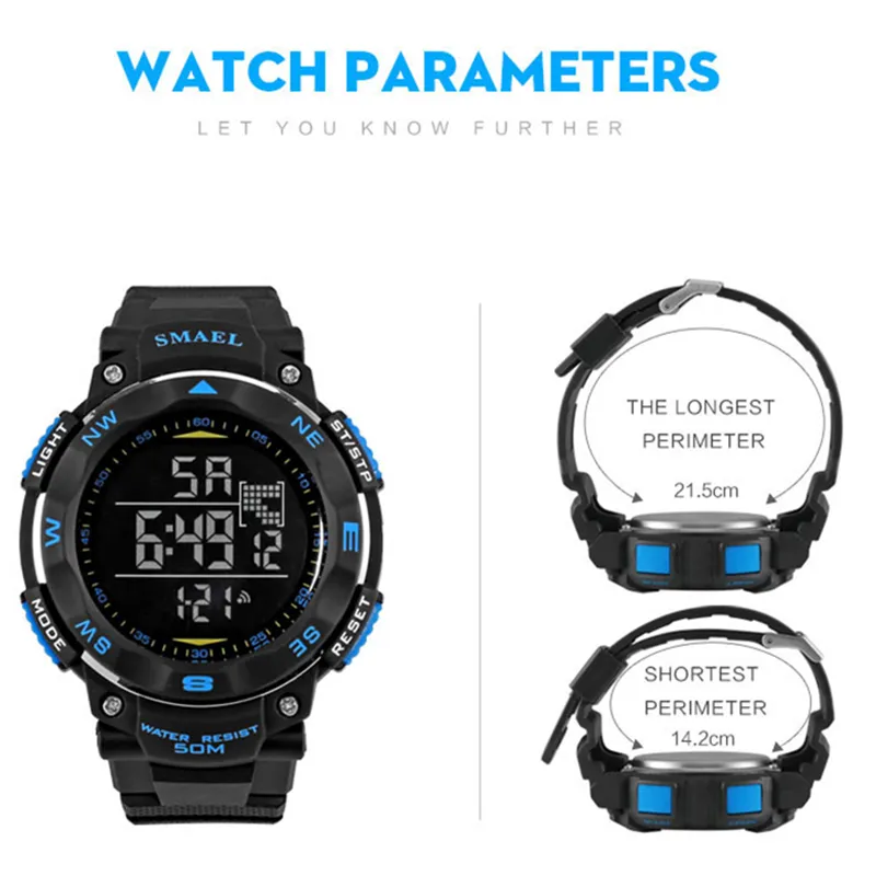 CWP SMAEL Montres 50m étanche Sport Casual Electronics Montres-bracelets 1235 Plongée Natation Montre Horloge LED Digital309E