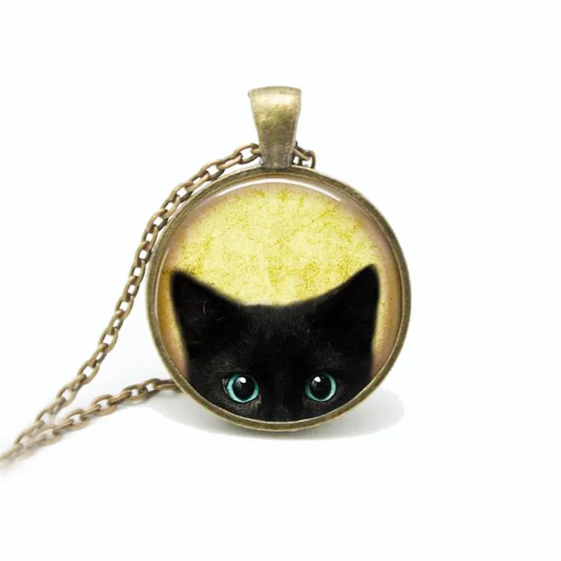 Aangepaste Vintage Glazen Katten Charms Ketting Zilver Antiek Brons Mat Zwart Magische Tijd Gem Hanger Trui Ketting Gift Jewelr215r