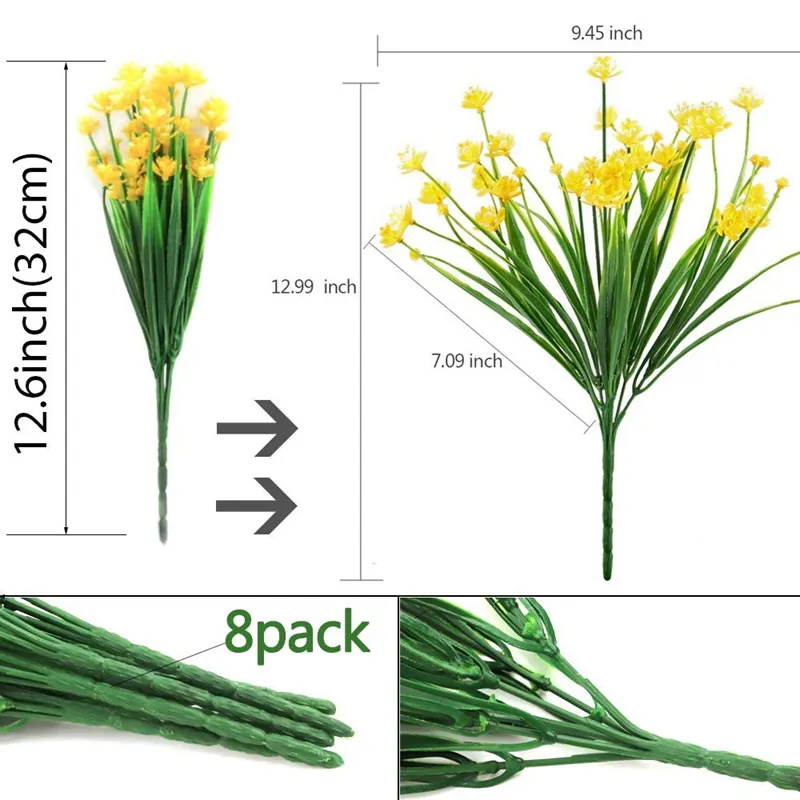 8 Stück künstliche Blumen für den Außenbereich, UV-beständige Pflanzen, 8 Zweige, künstliche Kunststoff-Grünsträucher, Pflanzen für drinnen und draußen, Hängepflanze 300I