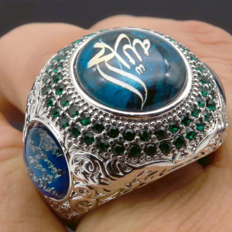 Vintage Islam Prophet Muhammad Blue Crystal Ring Punk Saudi Star Turkish Ottoman CZ Statement Rings for Men Boho Muslim Jewelry12971