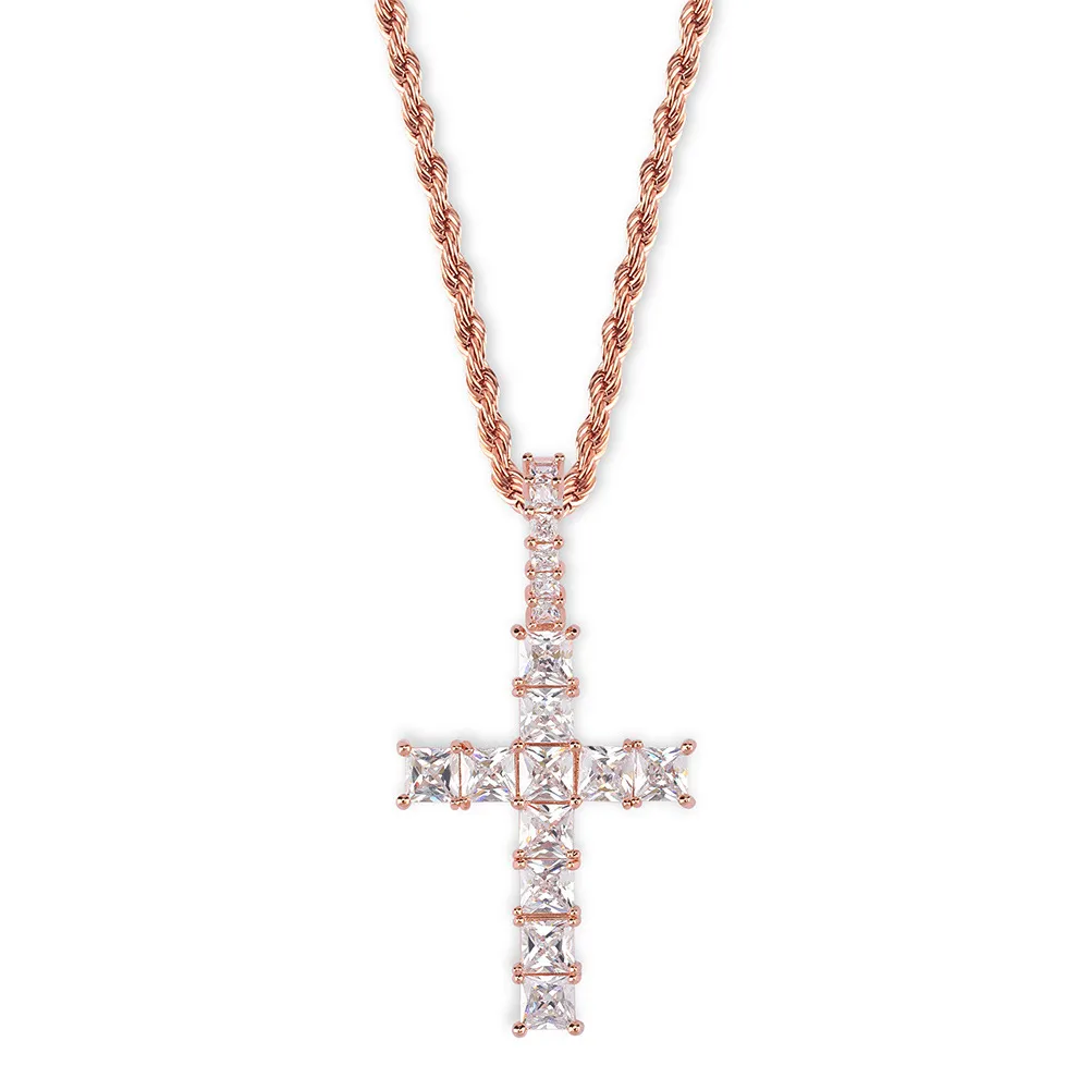 Colares personalizados vintage rosa ouro blingbling diamante gelado cruz pingente corrente colar quadrado zircônia cúbica presente de jóias para homens mulheres