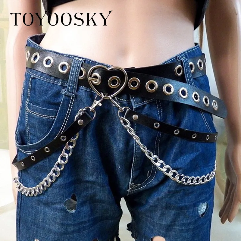 Kobiety Gothic Punk Serce Shape Belt for Women Street Fashion Rock Hip-hop z dwoma łańcuchowymi pasami w talii Ins Second Cowskin Toyoosky C1293J