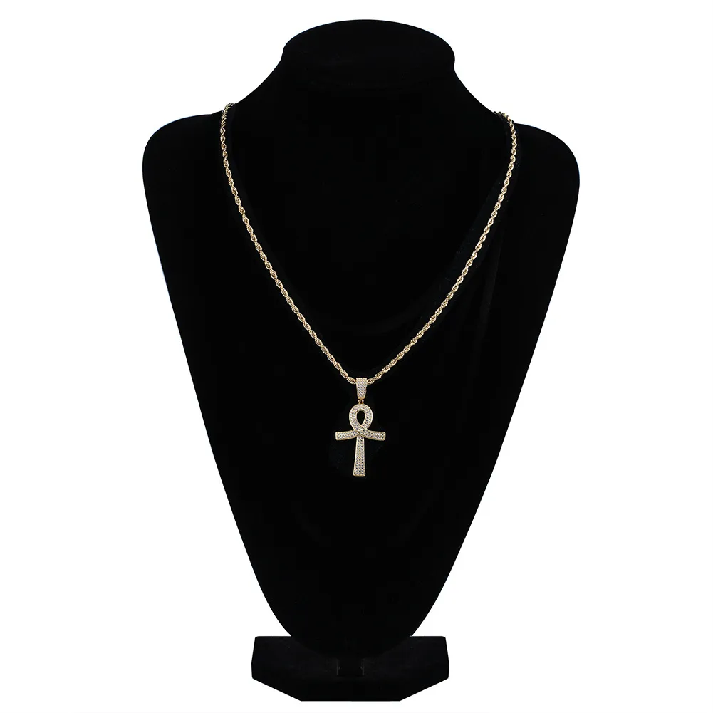 18K Gold and White Gold Plated Diamond Ankt Key of Life Cross Pendant Chain Necklace Cubic Zirconia Hip Hop Rapper Jewelry for Men2138