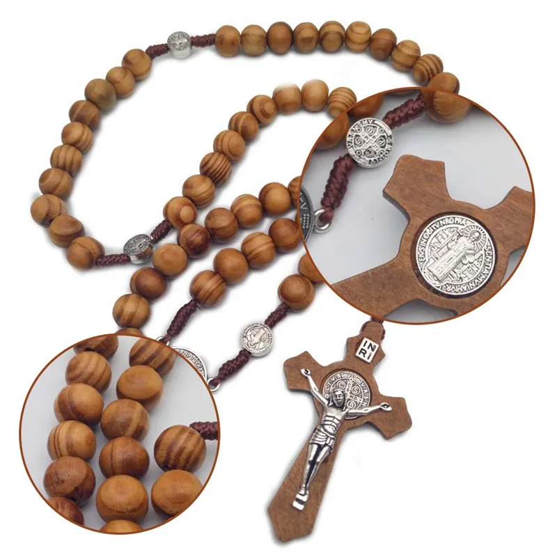 Men Women Christ Wooden Beads 10mm Rosary Bead Cross Pendant Woven Rope Chain Necklace Jewelry Accessories1214S