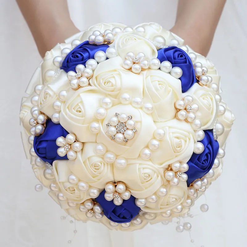 El yapımı fildişi Royal Blue Gelin Boncuklu Elmas Düğün Buketleri Yapay Nedime Çiçekler Düğün Aksesuarları W234B211G