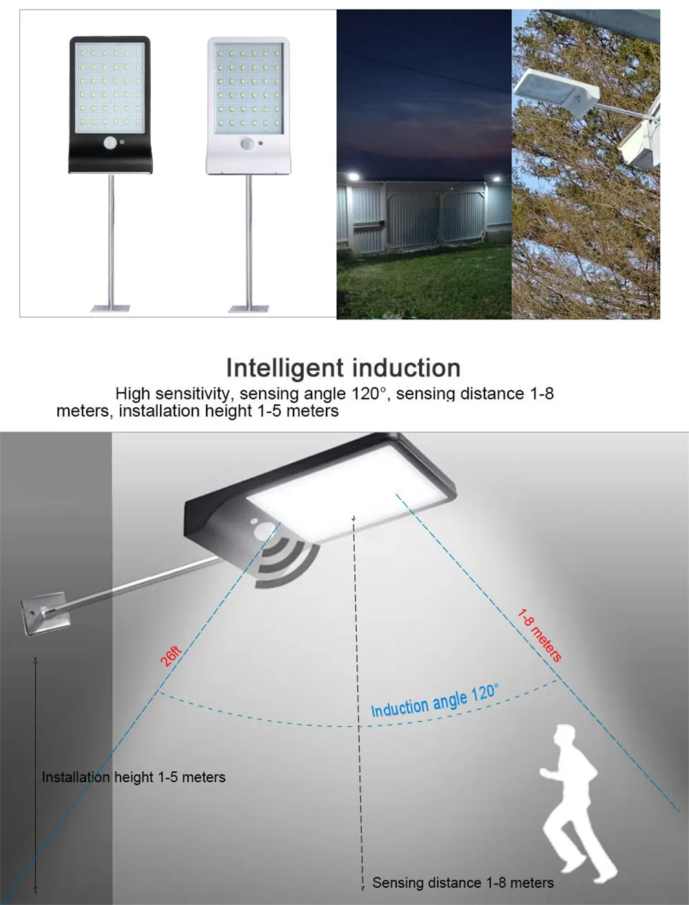 Adjustable Solar Light 48 LED PIR Motion Sensor Solar Lamp Three Modes Remote Control Outdoor Garden Street Yard Wall Light