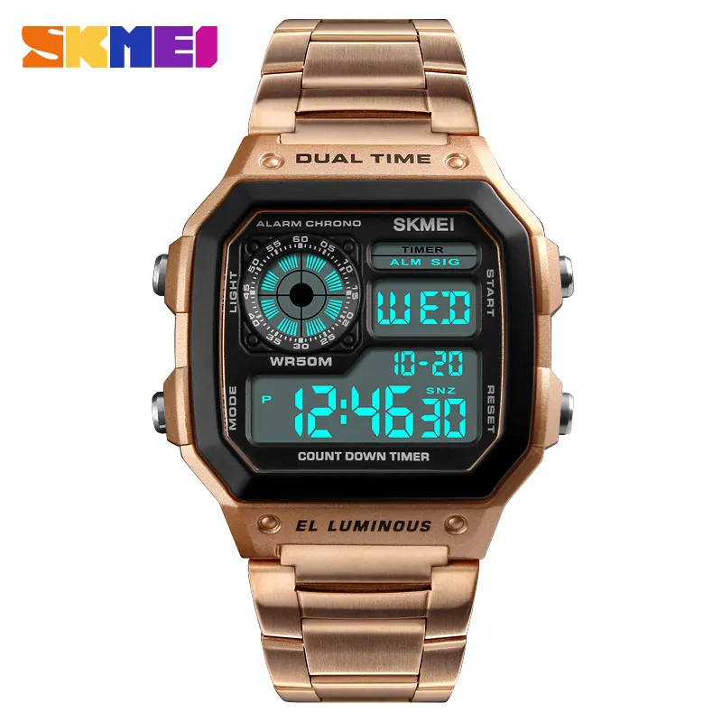 SKMEI haut de gamme montre de Sport de mode hommes 5Bar montres étanches bracelet en acier inoxydable montre numérique reloj hombre 1335231I