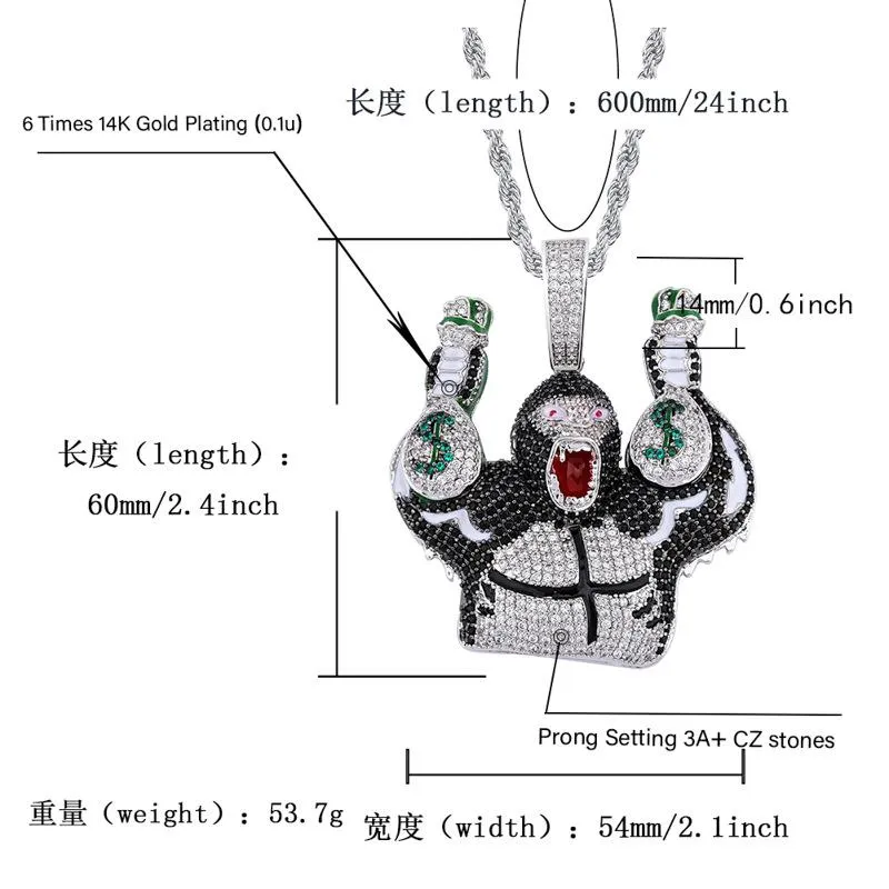 Złoto plisowane bling kolorowa kreskówka goryla trzymająca pieniądze torba sześcienna cyrkonia duża wisiork Naszyjnik Masculina Bijoux Hip Hop Biżuteria 265U