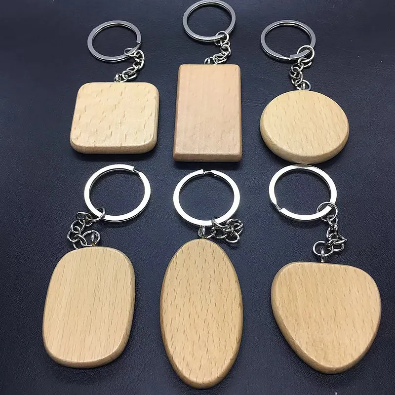 Blank Round Rectangle Heart Wooden Key Chain DIY Customized Wood keyrings Key Tags Gifts Accessories Whole205Q