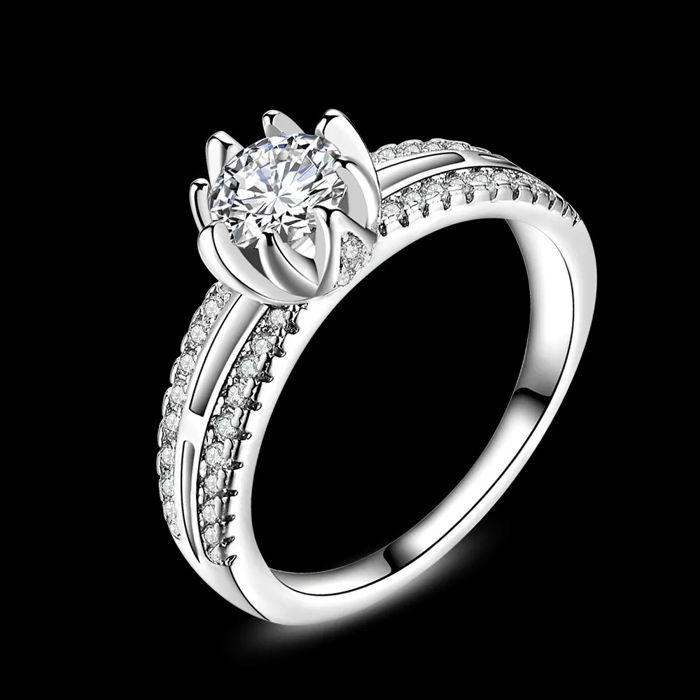 OMHXZJ Personnalité entière mode Ol Woman Girl Party Wedding Gift Luxury Lotus Flower Zircon 18kt White Gold Ring RN897321705