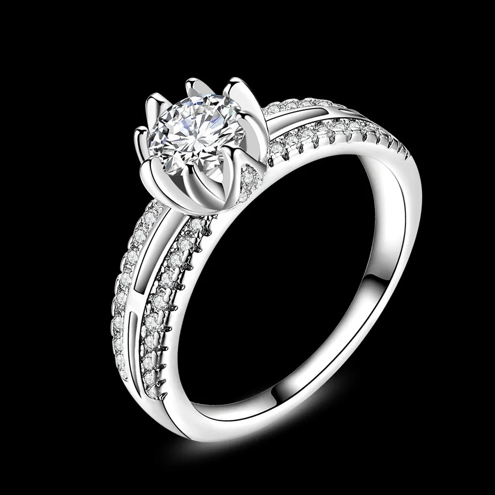 OMHXZJ Whole Personality Fashion OL Woman Girl Party Wedding Gift Luxury Lotus Flower Zircon 18KT White Gold Ring RN893131203