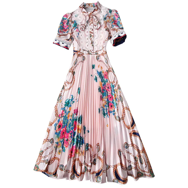 2020 zomer korte mouw ronde hals roze / blauwe bloemen print kant lint stropdas boog geplooide midden-kalf jurk elegante casual jurken LJ18T10970